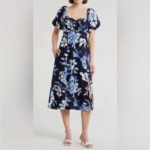 Ellen Tracy Floral Midi Dress with Side Slit and Puff Sleeve Blue Large Blue